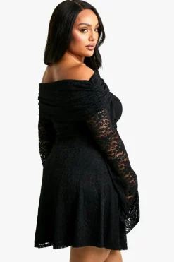 Skater Dresses*boohoo Plus Lace Off Shoulder Flared Skater Dress black