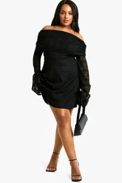 Skater Dresses*boohoo Plus Lace Off Shoulder Flared Skater Dress black