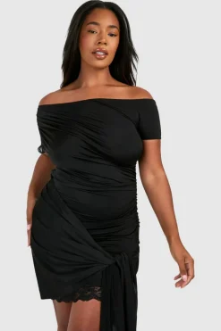 Bodycon Dresses*boohoo Plus Lace Trim Off The Shoulder Tie Mini Dress black