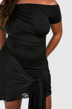 Bodycon Dresses*boohoo Plus Lace Trim Off The Shoulder Tie Mini Dress black