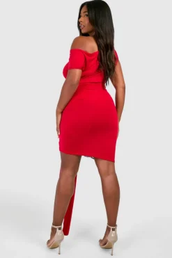 Bodycon Dresses*boohoo Plus Lace Trim Off The Shoulder Tie Mini Dress red