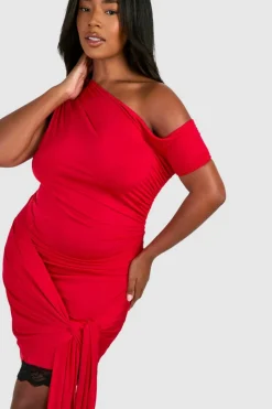 Bodycon Dresses*boohoo Plus Lace Trim Off The Shoulder Tie Mini Dress red