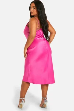 Midi Dresses*boohoo Plus Lace Trim Satin Midi Slip Dress hot pink