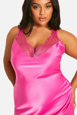 Midi Dresses*boohoo Plus Lace Trim Satin Midi Slip Dress hot pink