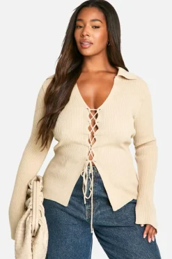 Jumpers|Up To 80% Off Winter Warmers*boohoo Plus Lace Up Collared Jumper stone