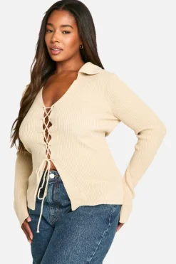Jumpers|Up To 80% Off Winter Warmers*boohoo Plus Lace Up Collared Jumper stone