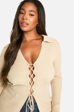 Jumpers|Up To 80% Off Winter Warmers*boohoo Plus Lace Up Collared Jumper stone