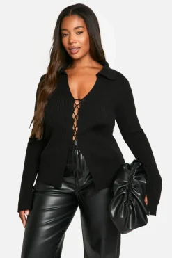 Jumpers|Knitwear*boohoo Plus Lace Up Collared Jumper black