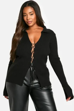 Jumpers|Knitwear*boohoo Plus Lace Up Collared Jumper black