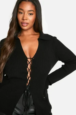 Jumpers|Knitwear*boohoo Plus Lace Up Collared Jumper black