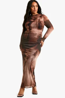 Bodycon Dresses*boohoo Plus Lace Up Mesh Long Sleeve Midaxi rust