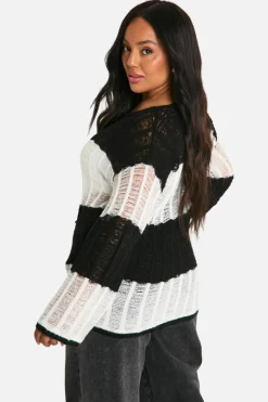Oversized Jumpers|Jumpers*boohoo Plus Ladder Knit Stripe Oversized Sheer Jumper black