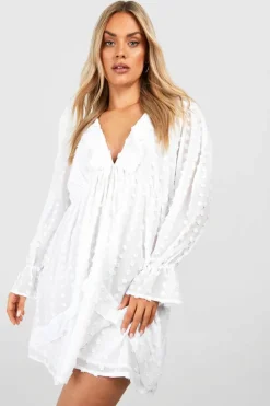 Smock Dresses|Mini Dresses*boohoo Plus Large Dobby Mesh Ruffle Mini Smock Dress ivory