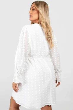 Smock Dresses|Mini Dresses*boohoo Plus Large Dobby Mesh Ruffle Mini Smock Dress ivory