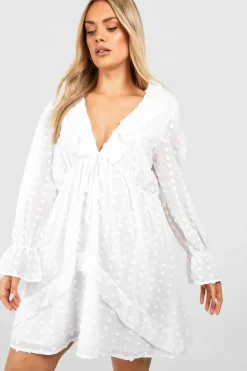 Smock Dresses|Mini Dresses*boohoo Plus Large Dobby Mesh Ruffle Mini Smock Dress ivory