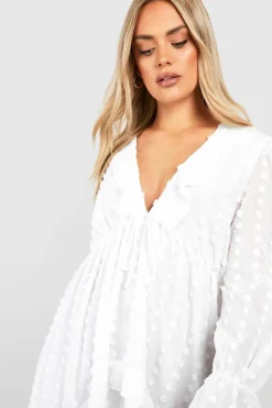Smock Dresses|Mini Dresses*boohoo Plus Large Dobby Mesh Ruffle Mini Smock Dress ivory