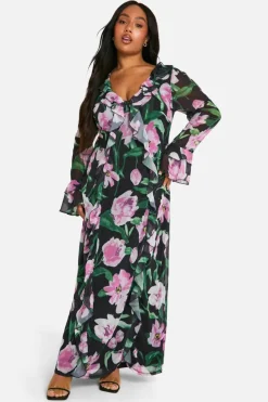 Skater Dresses|Maxi Dresses*boohoo Plus Large Floral Ruffle Maxi Dress black