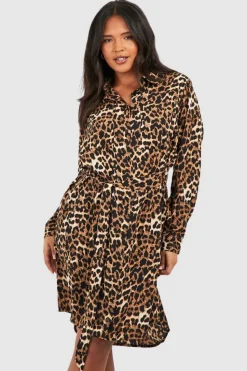 Shirt Dresses*boohoo Plus Batwing Belted Shirt Dress leopard