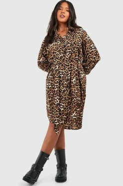 Shirt Dresses*boohoo Plus Batwing Belted Shirt Dress leopard