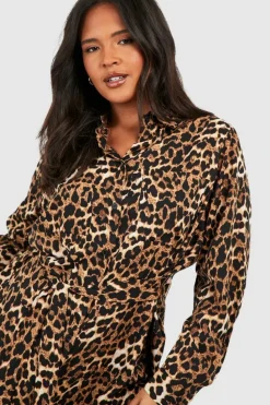Shirt Dresses*boohoo Plus Batwing Belted Shirt Dress leopard