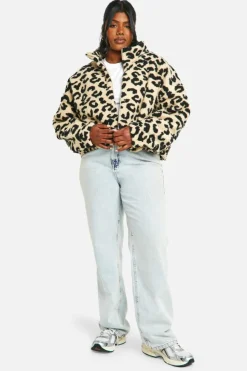 Up To 80% Off Winter Warmers|Bomber Jackets*boohoo Plus Boxy Teddy Bomber Jacket leopard