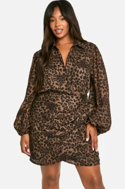 Wrap Dresses|Mini Dresses*boohoo Plus Print Blouson Sleeve Wrap Dress leopard