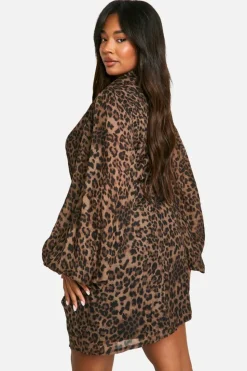 Wrap Dresses|Mini Dresses*boohoo Plus Print Blouson Sleeve Wrap Dress leopard