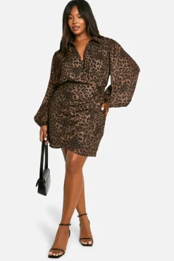 Wrap Dresses|Mini Dresses*boohoo Plus Print Blouson Sleeve Wrap Dress leopard
