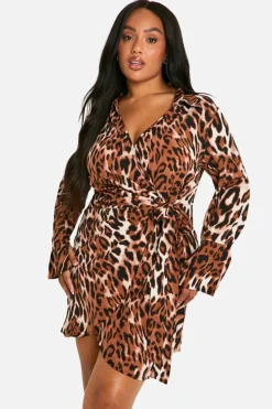 Shirt Dresses|Wrap Dresses*boohoo Plus Print Wrap Shirt Dress leopard