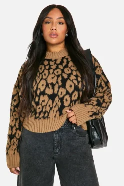 Jumpers*boohoo Plus Ribbed Crew Neck Jumper leopard
