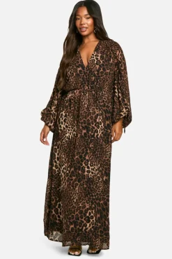 Skater Dresses|Maxi Dresses*boohoo Plus Ruched Blouse Sleeve Maxi Dress leopard