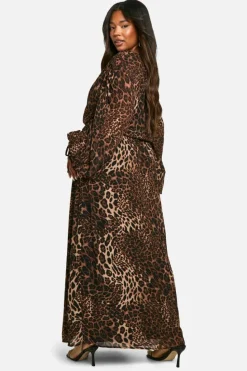 Skater Dresses|Maxi Dresses*boohoo Plus Ruched Blouse Sleeve Maxi Dress leopard