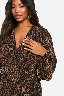 Skater Dresses|Maxi Dresses*boohoo Plus Ruched Blouse Sleeve Maxi Dress leopard