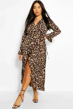Wrap Dresses|Midi Dresses*boohoo Plus Leopard Ruffle Wrap Midi Dress brown