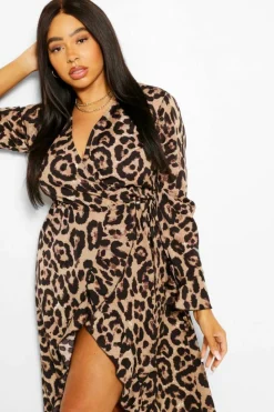 Wrap Dresses|Midi Dresses*boohoo Plus Leopard Ruffle Wrap Midi Dress brown