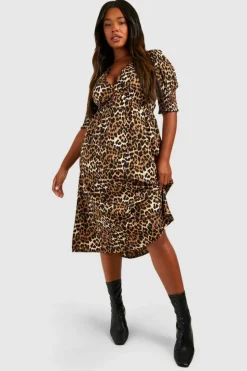 Midi Dresses*boohoo Plus Leopard Shirred Cuff Midi Dress brown