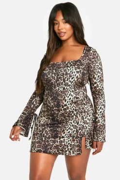 Mini Dresses|Long Sleeve Dresses*boohoo Plus Tie Cuff Mini Shift Dress leopard