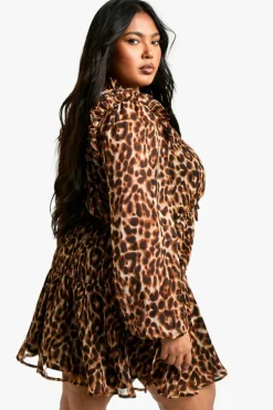 Smock Dresses*boohoo Plus Tie Front Smock Dress leopard