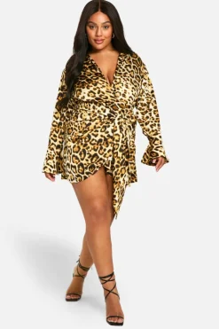 Shirt Dresses|Wrap Dresses*boohoo Plus Tie Waist Shirt Wrap Dress leopard