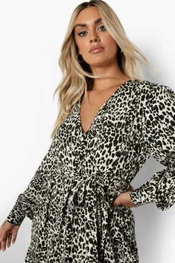 Wrap Dresses|Skater Dresses*boohoo Plus Wrap Ruffle Skater Dress leopard