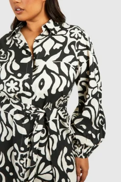 Shirt Dresses*boohoo Plus Linen Feel Abstract Print Belted Shirt Dress mono