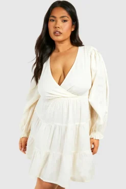 Skater Dresses*boohoo Plus Linen Feel Plunge Tiered Mini Dress stone