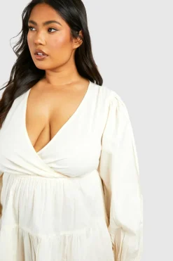 Skater Dresses*boohoo Plus Linen Feel Plunge Tiered Mini Dress stone