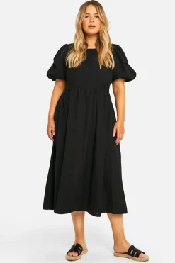 Midi Dresses*boohoo Plus Linen Feel Puff Sleeve Midi Dress black