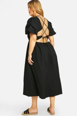 Midi Dresses*boohoo Plus Linen Feel Puff Sleeve Midi Dress black