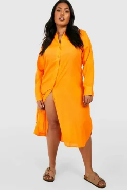 Shirt Dresses|Midi Dresses*boohoo Plus Linen Look Midi Shirt Dress orange