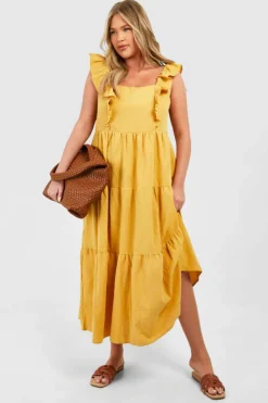 Smock Dresses*boohoo Plus Linen Look Ruffle Midaxi Smock Dress mustard