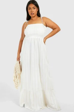 Smock Dresses*boohoo Plus Linen Look Shirred Stripe Bandeau Maxi Dress stone