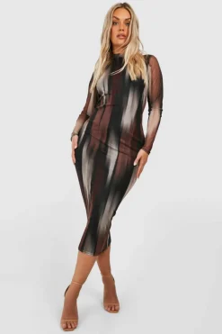 Long Sleeve Dresses|Long Sleeve Dresses*boohoo Plus Long Sleeve Abstract Mesh Midaxi chocolate