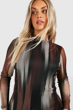 Long Sleeve Dresses|Long Sleeve Dresses*boohoo Plus Long Sleeve Abstract Mesh Midaxi chocolate